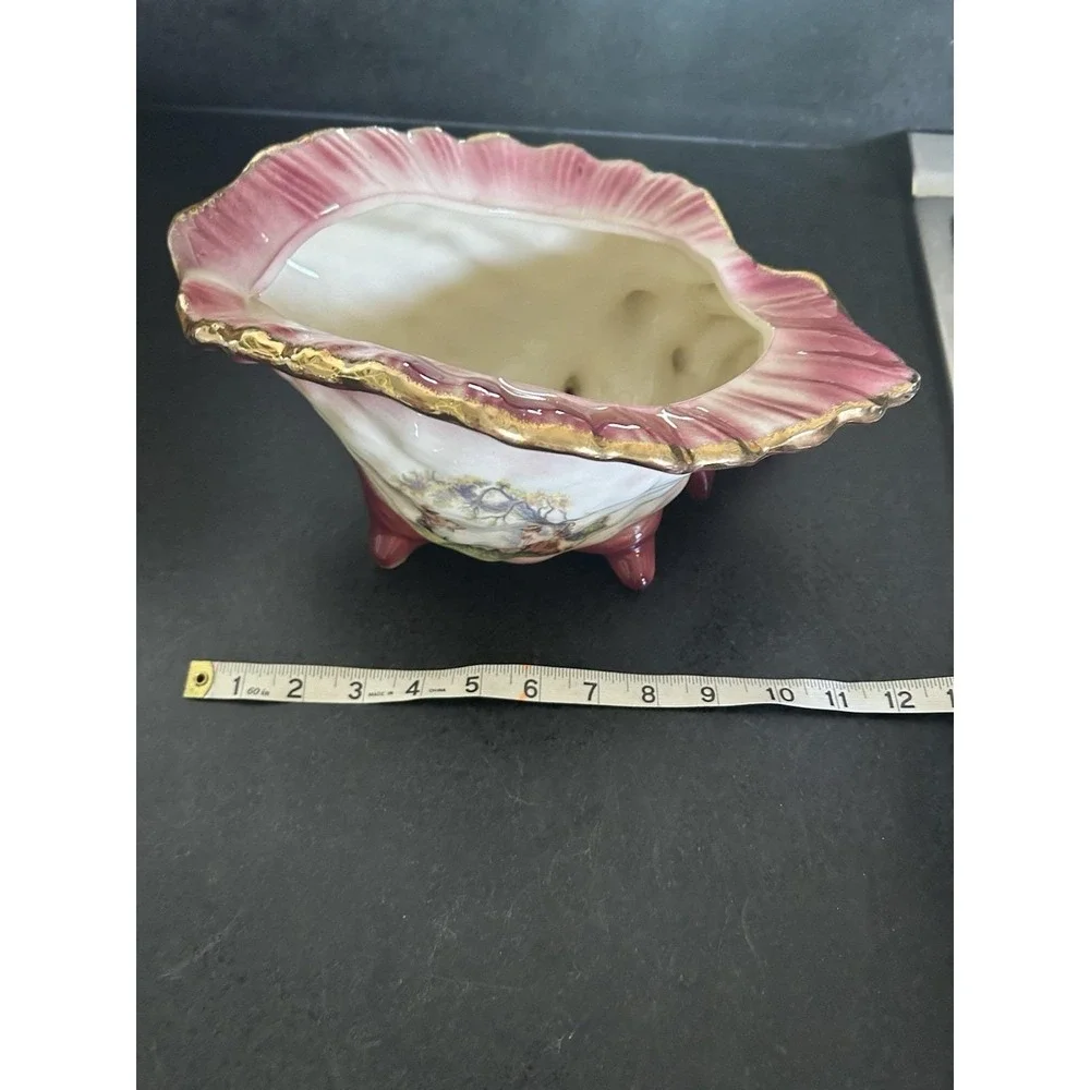 Vintage KLM Staffordshire Ceramic Seashell with Romantic Scene and Gold Trim